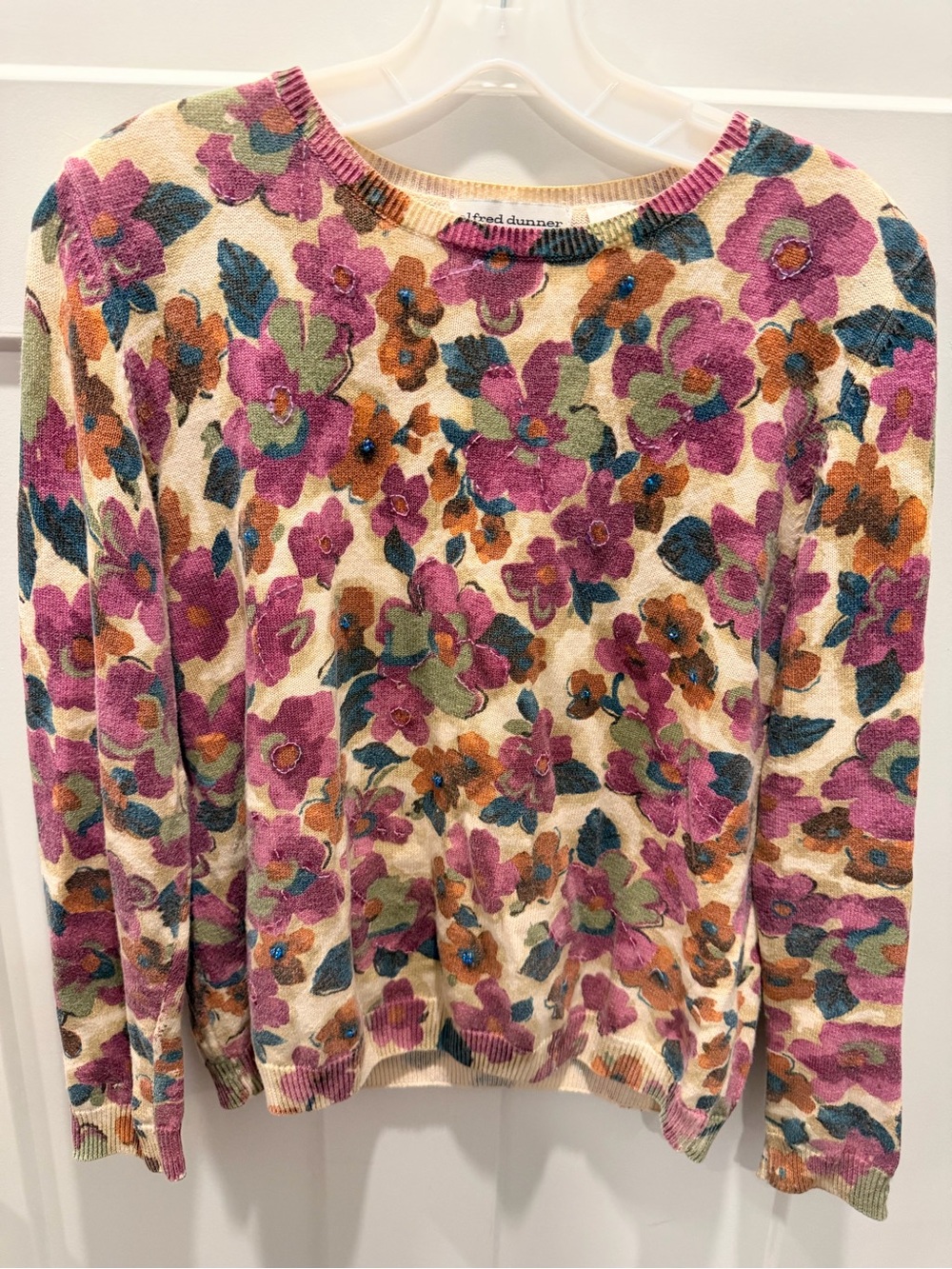 Alfred Dunner Petite Large Floral Beaded Embroidered Ramie Cotton Sweater